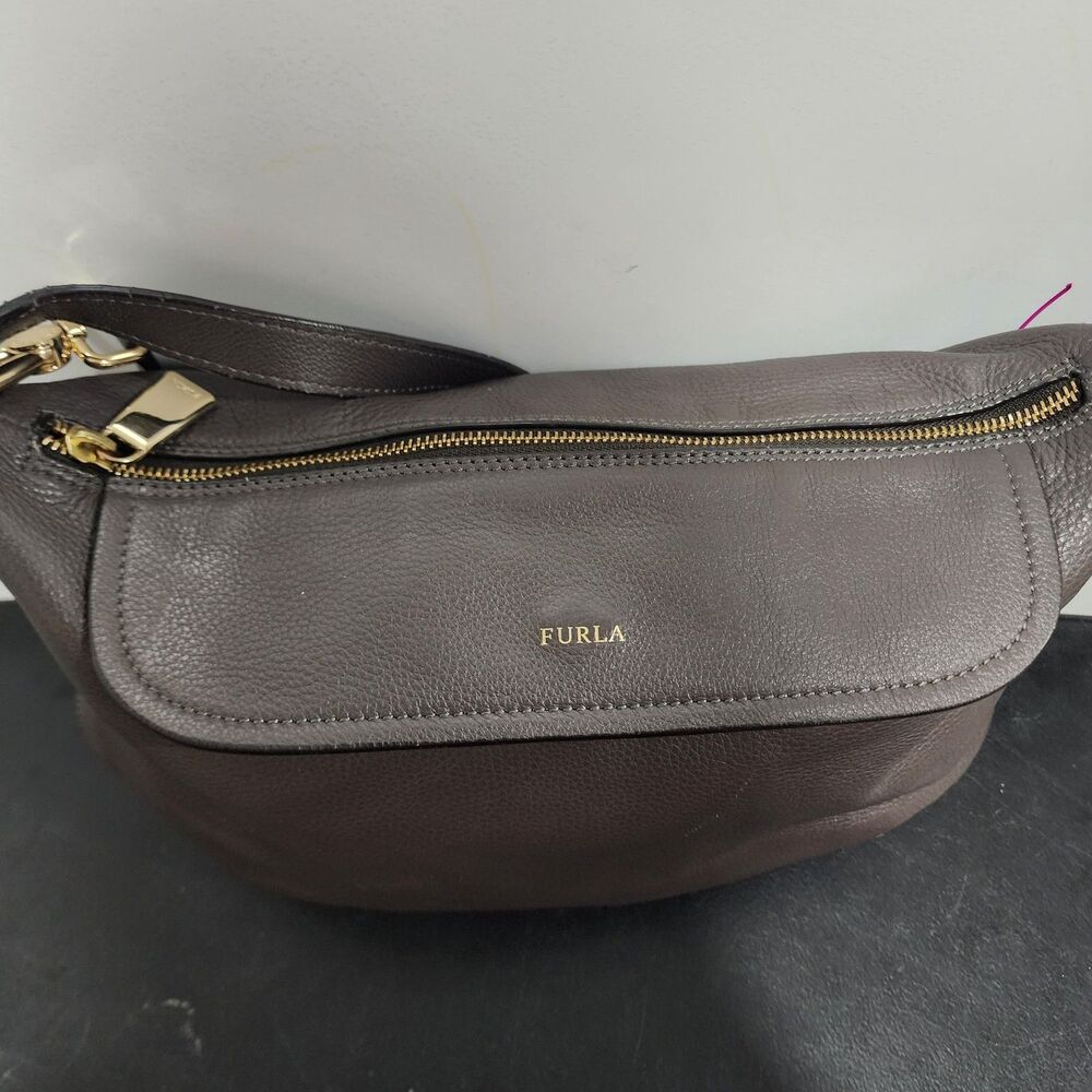 Furla Pebbled Leather Shoulder Bag Gray Gold Hardware Zip Top Hobo Purse - Picture 2 of 8